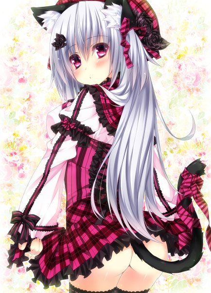 Anime picture 868x1200 with original oziko (ojitcha) ojitcha single long hair tall image blush light erotic purple eyes animal ears silver hair ass tail animal tail cat ears cat girl cat tail two side up girl thighhighs