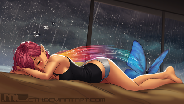 Anime picture 1391x784 with original erylia (mleth) mleth single long hair light erotic wide image signed pink hair cloud (clouds) lying eyes closed barefoot pointy ears bare legs midriff crossed legs rain sleeping girl