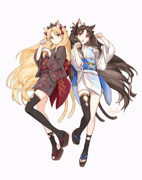 Anime picture 808x1024 with fate (series) fate/grand order ishtar (fate) ereshkigal (fate) siya ho long hair tall image looking at viewer blush fringe open mouth black hair simple background blonde hair red eyes standing white background multiple girls brown eyes signed
