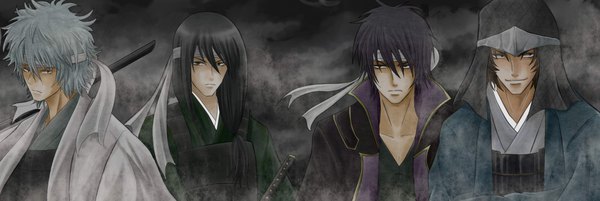 Anime picture 2134x718 with gintama sunrise (studio) sakata gintoki takasugi shinsuke katsura kotarou sakamoto tatsuma nasu long hair highres short hair black hair smile red eyes brown hair wide image purple eyes brown eyes green eyes silver hair purple hair