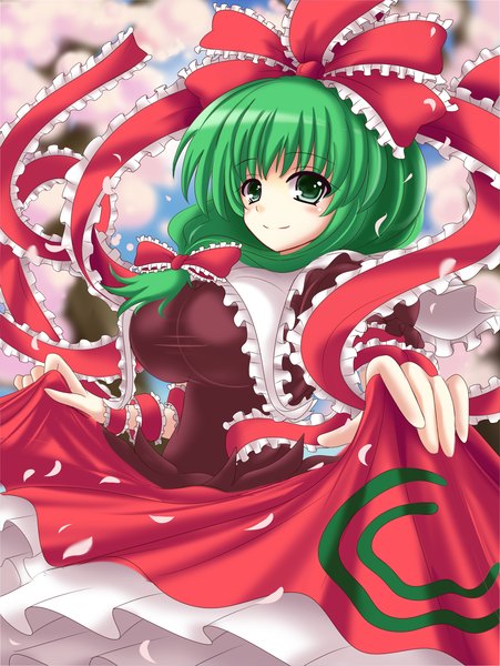 Anime picture 1200x1597 with touhou kagiyama hina kurowana single long hair tall image green eyes green hair girl dress petals frills