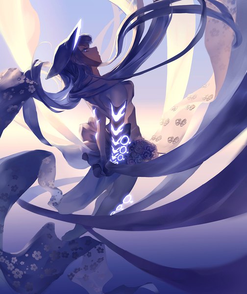 Аниме картинка 1008x1200 с fate (series) fate/grand order yang guifei (fate) mizukai один (одна) высокое изображение смотрит на зрителя голубые глаза синие волосы очень длинные волосы профиль развевающиеся волосы руки за спиной девушка