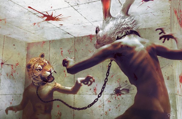 Anime picture 1280x838 with original ryohei hase wallpaper topless battle boy blood chain collar bunny wall tiger