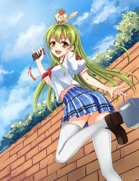 Anime picture 1500x1952 with original wait (artist) single long hair tall image open mouth light erotic yellow eyes sky cloud (clouds) green hair pantyshot girl thighhighs skirt uniform underwear panties school uniform white thighhighs