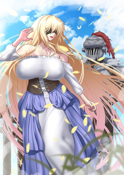 イラスト 868x1228 と ゴブリンスレイヤー white fox goblin slayer 剣の乙女 初空咲太 長身像 前髪 おっぱい light erotic 金髪 笑顔 hair between eyes 肩出し payot 空 cloud (clouds) bent knee (knees) outdoors long sleeves very long hair