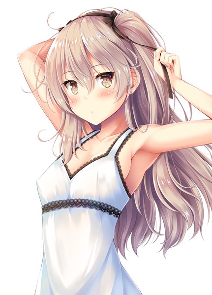 Anime picture 1500x2086 with girls und panzer shimada arisu akashio (loli ace) single long hair tall image looking at viewer blush fringe breasts light erotic simple background blonde hair hair between eyes white background yellow eyes cleavage upper body ahoge arms up