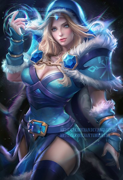 Anime picture 616x900 with dota 2 (game) rylai crestfall (dota 2) sakimichan single long hair tall image blush breasts blue eyes blonde hair large breasts signed looking away cleavage realistic lipstick magic glowing watermark pink lipstick
