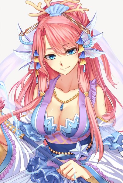 Anime picture 850x1258 with shironeko project hujitaumi single long hair tall image looking at viewer fringe breasts blue eyes simple background smile large breasts white background bare shoulders holding animal ears pink hair ponytail wide sleeves girl