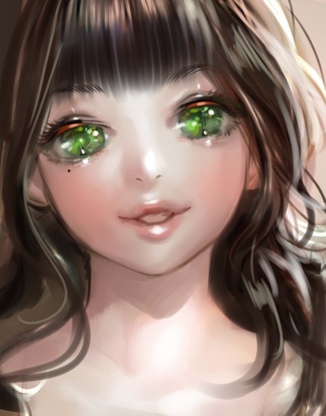 Anime picture 1000x1275 with original airspace (artist) single long hair tall image looking at viewer open mouth smile brown hair green eyes mole mole under eye wavy hair close-up girl