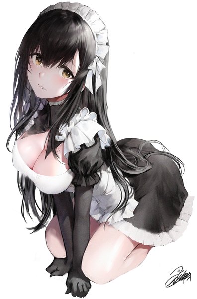 Anime picture 793x1200 with original iori (cpeilad) single long hair tall image looking at viewer blush fringe breasts light erotic black hair simple background large breasts white background sitting signed yellow eyes cleavage full body parted lips