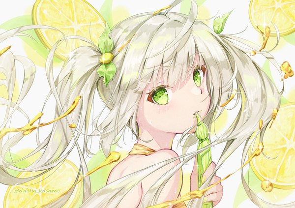 Anime picture 2894x2039 with original daidai (daidai826) single long hair looking at viewer highres twintails green eyes signed silver hair upper body ahoge twitter username girl hair ornament fruit lemon