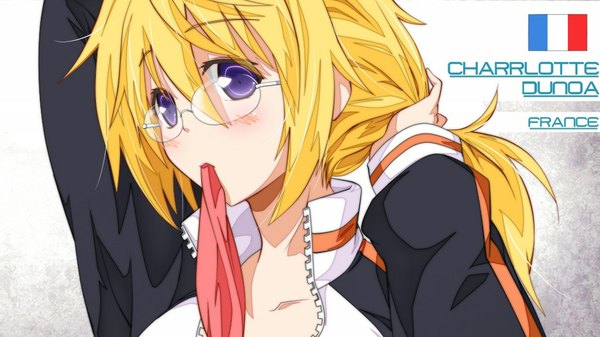 Anime picture 1920x1080 with infinite stratos 8bit charles dunois single long hair highres blonde hair wide image purple eyes inscription mouth hold girl uniform glasses gym uniform flag french flag