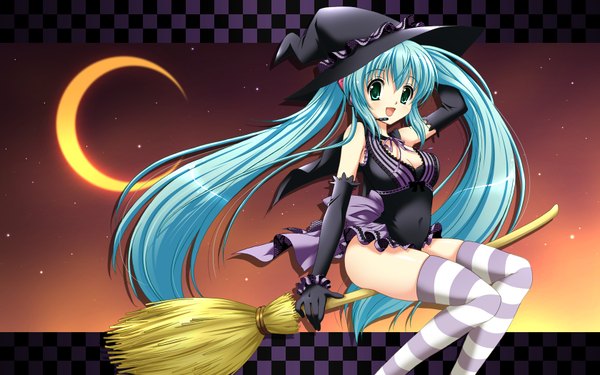 Anime picture 1680x1050 with vocaloid hatsune miku suzui narumi wide image halloween witch girl thighhighs striped thighhighs