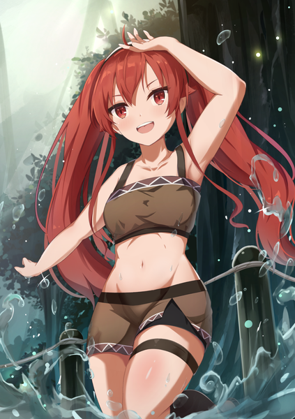 Anime picture 1239x1756 with mushoku tensei studio bind eris boreas greyrat touhourh single long hair tall image fringe open mouth hair between eyes red eyes twintails looking away ahoge red hair :d midriff groin hand on head body blush