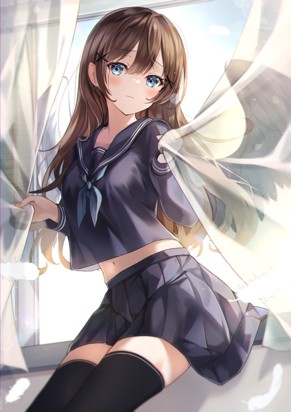 Anime picture 2894x4093 with original fuyoyo single long hair tall image looking at viewer blush fringe highres blue eyes hair between eyes brown hair pleated skirt white wings girl thighhighs skirt uniform hair ornament black thighhighs