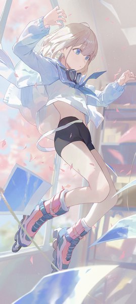 Anime picture 2976x6634 with idolmaster idolmaster shiny colors serizawa asahi modare single tall image fringe highres short hair blue eyes blonde hair looking away full body ahoge bent knee (knees) indoors wind arms up jumping goggles around neck