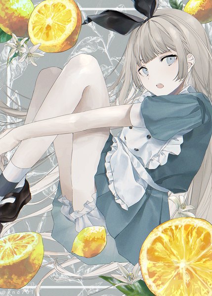 Anime picture 1300x1818 with alice in wonderland original alice (wonderland) koru (end 701) single long hair tall image looking at viewer open mouth blue eyes payot grey hair puffy sleeves leg hug girl ribbon (ribbons) hair ribbon shoes fruit mary janes