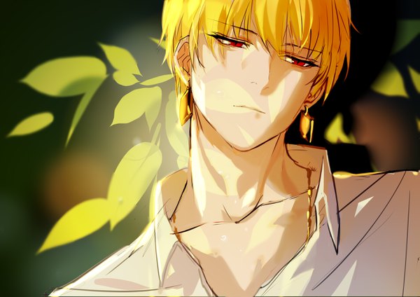 Anime picture 2481x1755 with fate (series) fate/grand order gilgamesh (fate) rrr (reason) single fringe highres short hair blonde hair hair between eyes red eyes looking away face open collar boy earrings