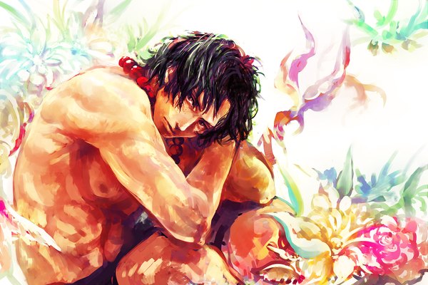 Anime picture 1500x1000 with one piece toei animation portgas d. ace tsuyomaru single looking at viewer short hair black hair red eyes sitting topless boy flower (flowers) beads