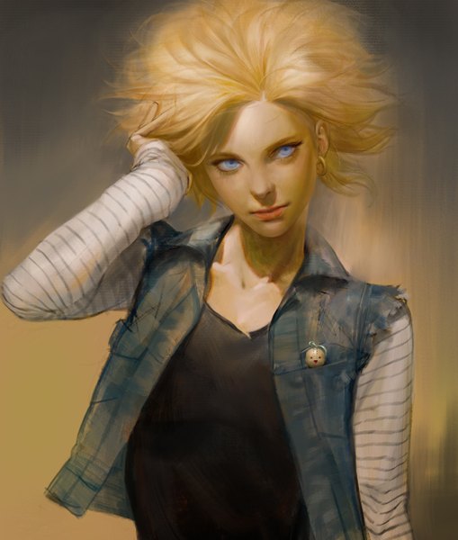 Anime picture 1200x1412 with dragon ball dragon ball z android 18 kuririn sangsoo jeong single tall image looking at viewer short hair blue eyes simple background blonde hair upper body realistic gradient background floating hair torn clothes adjusting hair portrait dark background