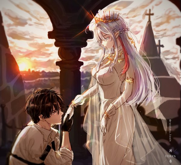Anime picture 3350x3042 with 86 -eightysix- vladilena millize shinei nouzen reidoku toxin long hair fringe highres short hair breasts black hair hair between eyes red eyes standing signed payot absurdres silver hair cloud (clouds) braid (braids) profile