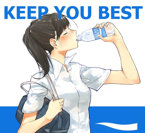 Anime picture 1205x1114 with original pocari sweat taxi (owp) single long hair blush fringe brown hair holding ponytail eyes closed profile inscription sweat open collar drinking girl shirt white shirt bag