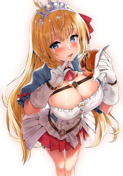 Anime picture 1020x1450 with princess connect! re:dive princess connect! pecorine (princess connect!) kawai (purplrpouni) single long hair tall image looking at viewer blush fringe breasts blue eyes light erotic simple background blonde hair large breasts standing white background holding cleavage