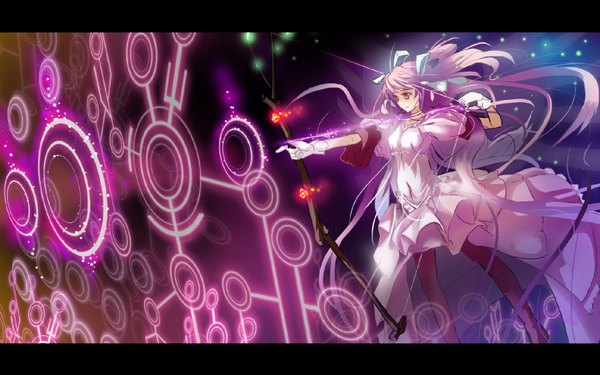 Anime picture 1728x1080 with mahou shoujo madoka magica shaft (studio) kaname madoka goddess madoka tagme (artist) long hair highres red eyes wide image twintails pink hair space girl dress gloves flower (flowers) bow weapon hair bow rose (roses)