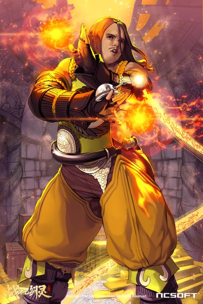 Anime picture 1600x2400 with blade & soul nightmadness single long hair tall image looking at viewer fringe hair between eyes brown hair standing brown eyes copyright name magic fighting stance boy gloves armor fingerless gloves fire mustache