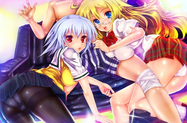 Anime picture 2000x1312 with ben-tou david production yarizui sen shaga ayame teruru long hair highres short hair open mouth blue eyes light erotic blonde hair red eyes multiple girls white hair girl uniform underwear panties 2 girls