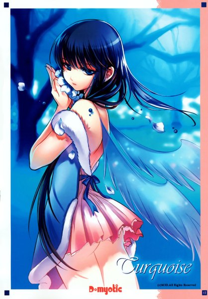 Anime picture 1032x1482 with dmyotic turquoise shirahane nao single long hair tall image blue eyes light erotic blue hair tears angel wings girl petals