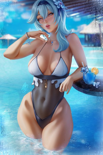 Anime picture 2333x3500 with genshin impact eula lawrence olchas single long hair tall image blush fringe highres breasts light erotic hair between eyes large breasts standing holding signed yellow eyes payot blue hair looking away