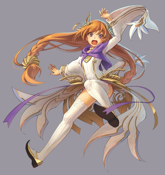 Anime picture 945x1000 with original pinakes single tall image looking at viewer blush open mouth simple background purple eyes bent knee (knees) very long hair orange hair grey background symbol-shaped pupils girl thighhighs white thighhighs clothes