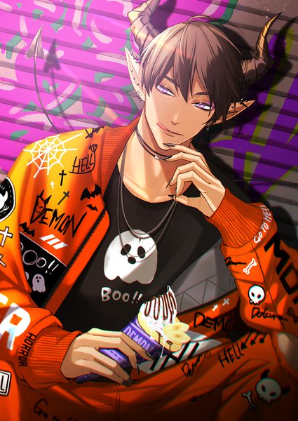 Anime picture 1105x1560 with original yori (ito haruki) single tall image fringe short hair hair between eyes brown hair sitting purple eyes holding tail nail polish horn (horns) fingernails pointy ears open jacket shadow piercing ear piercing