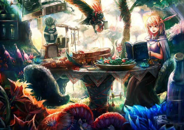 Anime picture 1520x1075 with original jinichi long hair open mouth blonde hair red eyes sitting girl dress hair ornament flower (flowers) plant (plants) animal tree (trees) food bird (birds) book (books) fruit