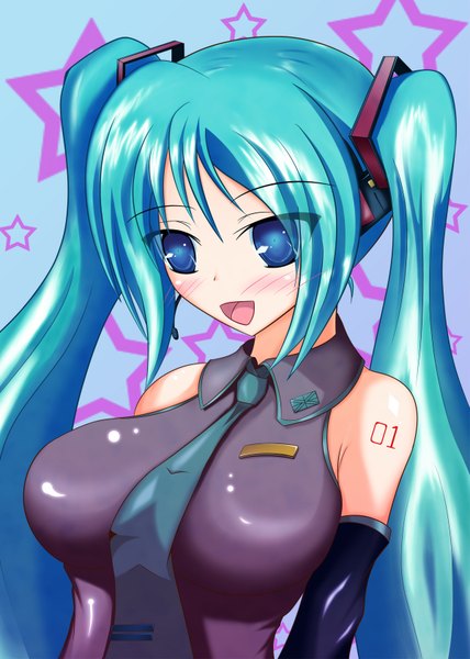 Anime picture 1200x1680 with vocaloid hatsune miku yui77 (artist) long hair tall image blush open mouth blue eyes light erotic twintails bare shoulders aqua hair tattoo girl detached sleeves necktie headphones star (symbol) microphone
