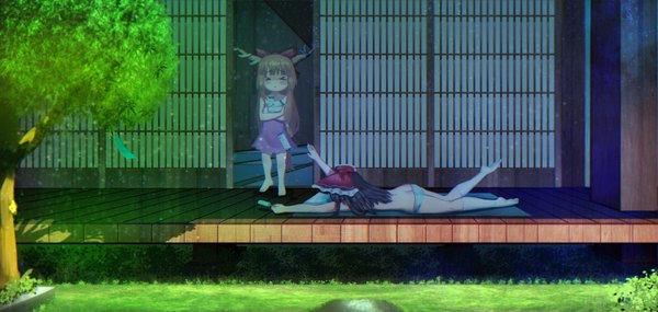Anime picture 3397x1611 with touhou hakurei reimu ibuki suika leng (lengsiren) highres light erotic black hair brown hair wide image multiple girls lying eyes closed very long hair parted lips barefoot horn (horns) shadow no shoes topless on stomach