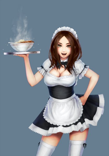 Anime picture 944x1350 with original nakacha single long hair tall image looking at viewer breasts simple background smile brown hair large breasts brown eyes maid hand on hip girl thighhighs uniform white thighhighs tray