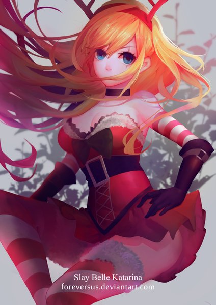 Anime picture 2480x3508 with league of legends katarina (league of legends) foreversus single long hair tall image looking at viewer fringe highres blue eyes sitting bare shoulders signed cleavage wind orange hair grey background character names christmas scar