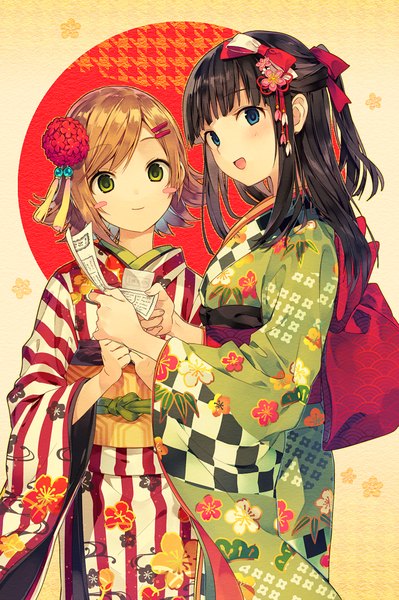 Anime picture 671x1008 with original natsu natsuna long hair tall image looking at viewer blush fringe short hair open mouth blue eyes black hair brown hair multiple girls green eyes traditional clothes japanese clothes half updo seigaiha girl hair ornament