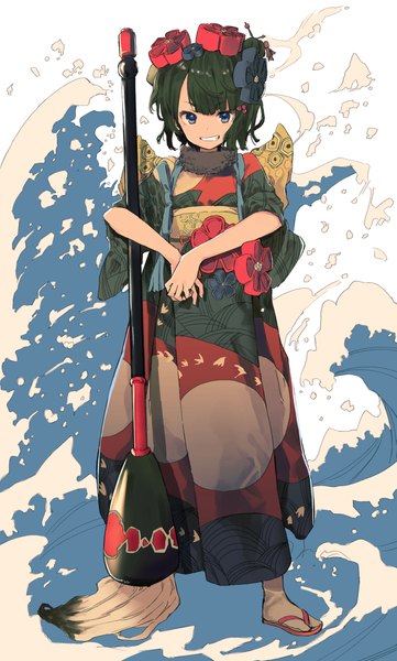 Anime picture 2466x4096 with fate (series) fate/grand order katsushika hokusai (fate/grand order) mieharu single tall image looking at viewer highres short hair blue eyes black hair smile standing full body traditional clothes japanese clothes grin girl hair ornament kimono