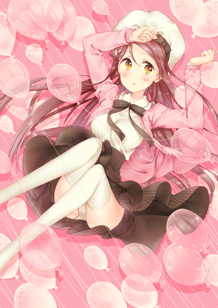 Anime picture 1075x1518 with love live! sunshine!! sunrise (studio) love live! sakurauchi riko mimori (cotton heart) single long hair tall image blush fringe open mouth light erotic simple background hair between eyes yellow eyes looking away bent knee (knees) red hair open clothes pink background