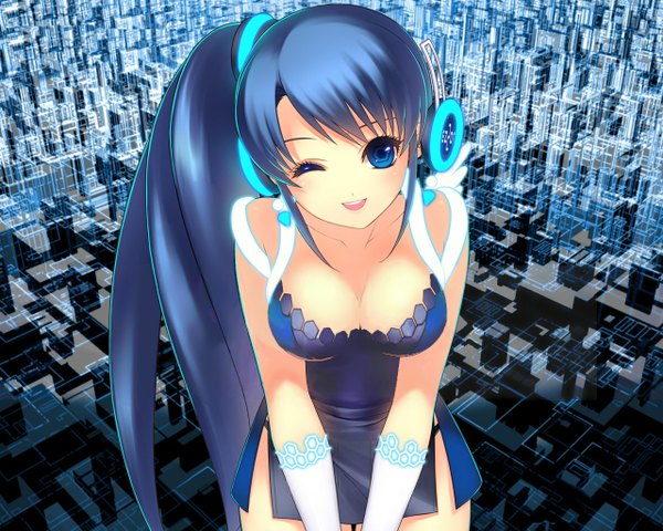 Anime picture 1280x1024 with dmyotic shirahane nao single long hair looking at viewer blush highres breasts open mouth blue eyes light erotic blue hair cleavage ponytail one eye closed wink side ponytail girl dress gloves