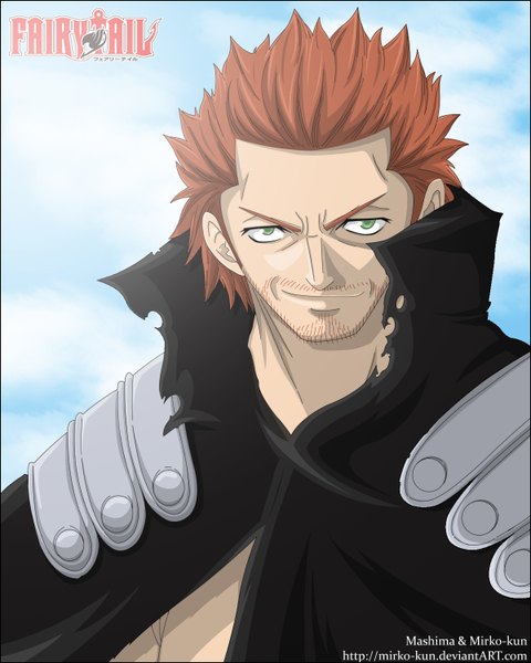 Anime picture 1200x1500 with fairy tail gildarts clive mashima hiro mirko-kun single tall image short hair smile brown hair green eyes sky cloud (clouds) inscription coloring bristle boy choker cloak