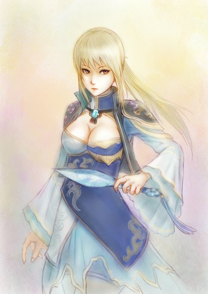 Anime picture 1414x2000 with shin sangoku musou wang yuanji haoni single long hair tall image breasts blonde hair large breasts brown eyes looking away cleavage girl dress weapon