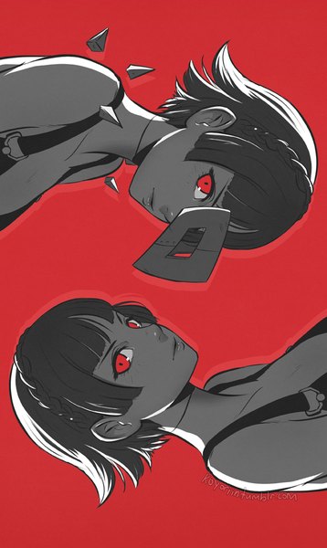 Anime picture 598x1000 with persona 5 persona niijima makoto koyoriin tall image looking at viewer fringe simple background red eyes bare shoulders signed upper body braid (braids) profile light smile lips single braid watermark monochrome red background