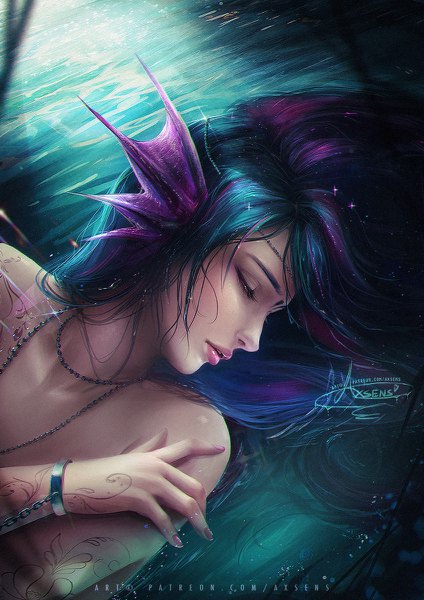 Anime picture 848x1200 with original axsen single long hair tall image bare shoulders signed blue hair lying eyes closed nail polish parted lips profile lips sunlight realistic inscription sparkle tattoo lipstick