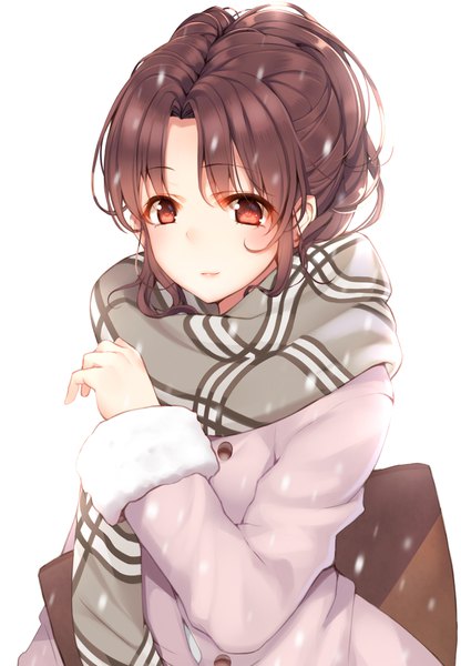 Anime picture 1500x2162 with original kazuzu single long hair tall image blush simple background red eyes brown hair white background looking away upper body fur trim snowing girl scarf fur coat plaid scarf