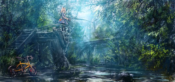 Anime picture 1400x661 with original lm7 (op-center) single short hair blue eyes blonde hair wide image river fishing girl dress bow plant (plants) hair bow tree (trees) ground vehicle stairs bicycle