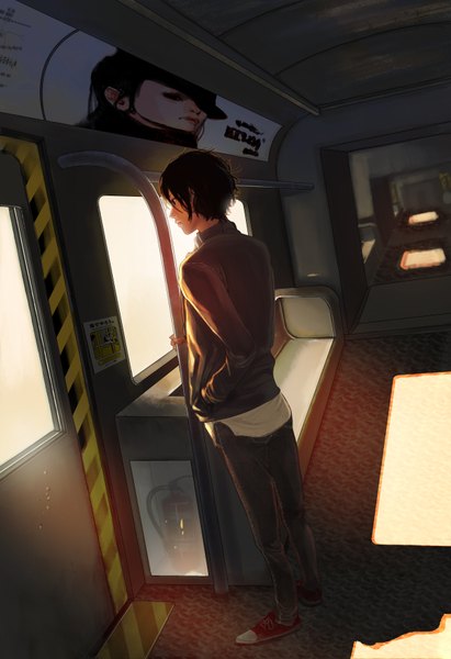 Anime picture 2400x3500 with kayei nou single tall image highres short hair black hair black eyes hand in pocket casual boy train